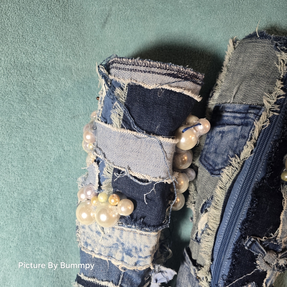 AZALEA WANG DENIM CHUNKY PATCHWORK PLATFORM BOOT.Denim Patchwork Knee-High Boots - Picture 11 of 16